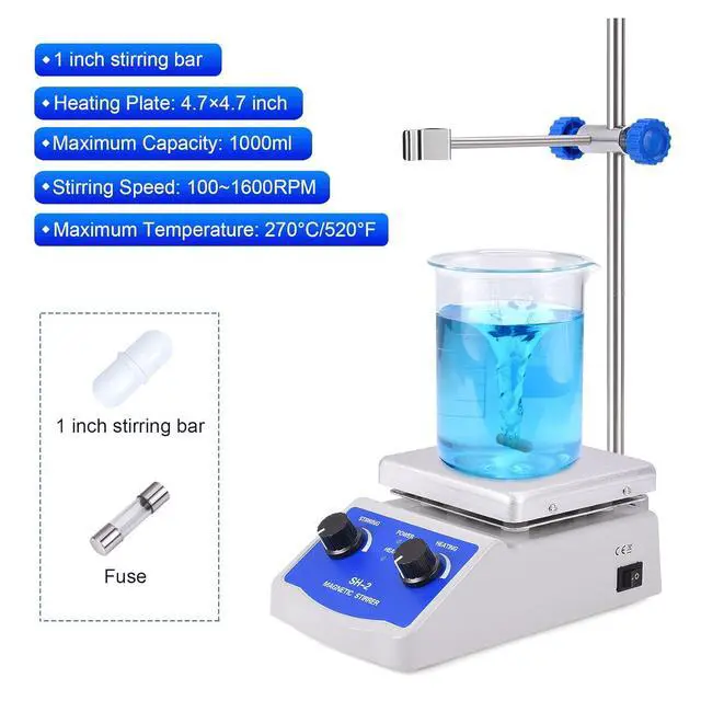 Alt view image 2 of 7 - Magnetic Stirrer Hot Plate Mixer 1000ml Stirring Capacity 5 x 5 inch Max 520°F Hotplate and 100-2000 RPM Stirrer, Stirring Bar & Support Stand Included