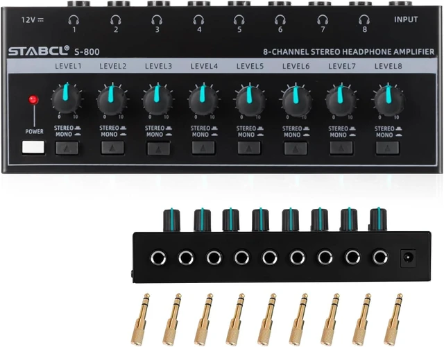 Main image of 8-Channel Headphone Amplifier, Stereo Amp with 6.35mm/3.5mm Jacks, Metal for Recording Studios