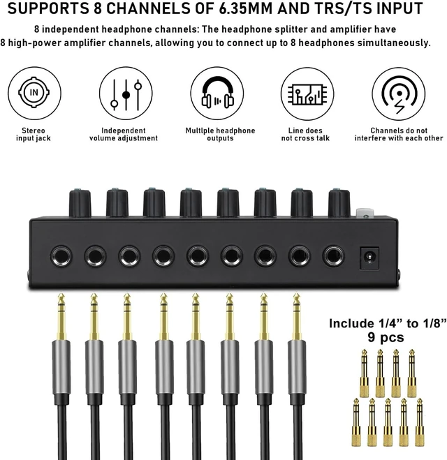 Alt view image 3 of 7 - 8-Channel Headphone Amplifier, Stereo Amp with 6.35mm/3.5mm Jacks, Metal for Recording Studios