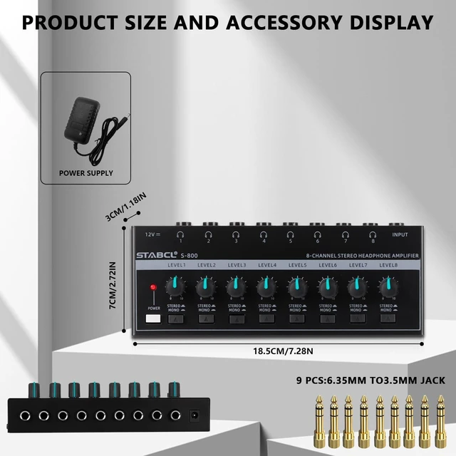 Alt view image 6 of 7 - 8-Channel Headphone Amplifier, Stereo Amp with 6.35mm/3.5mm Jacks, Metal for Recording Studios