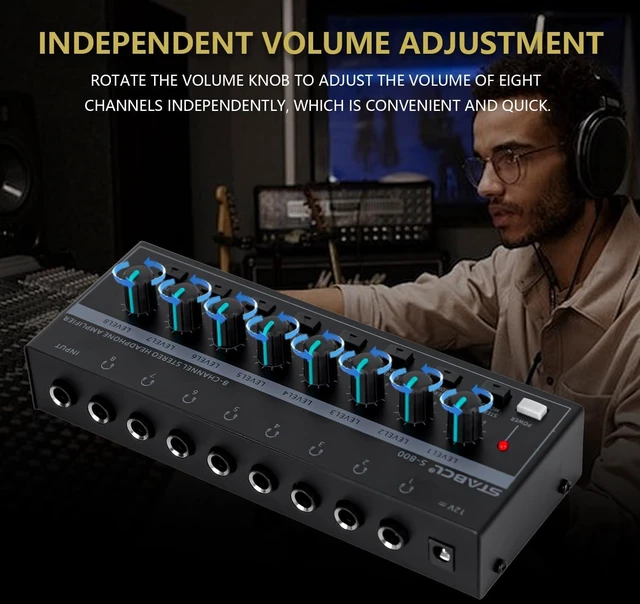 Alt view image 5 of 7 - 8-Channel Headphone Amplifier, Stereo Amp with 6.35mm/3.5mm Jacks, Metal for Recording Studios