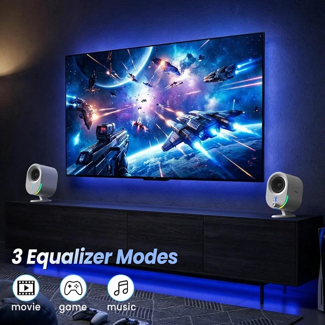 Alt view image 3 of 7 - Bluetooth PC Gaming Speakers 2×15W 2.0CH Stereo with 3 EQ & 6 RGB Modes, AC-Powered Desktop Speakers with Aux/USB/Headphone Port for Laptop/TV, White