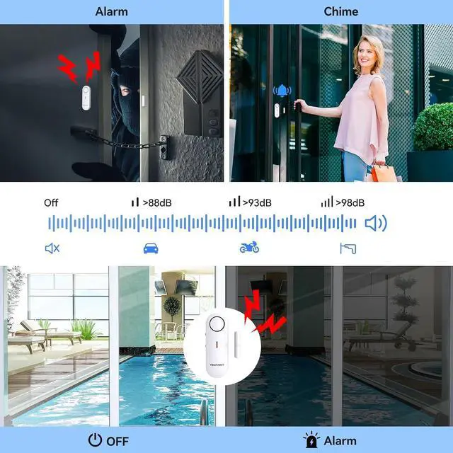 Alt view image 2 of 6 - Door Alarms for Kids Safety, Window Alarm Pool Alarms Door Alarm for Home Security, 2-in-1 Alarm & Chime, 3-Level Volume Control, Wireless Alarm for House Hotel Cars Sheds Caravans (9 Pack)