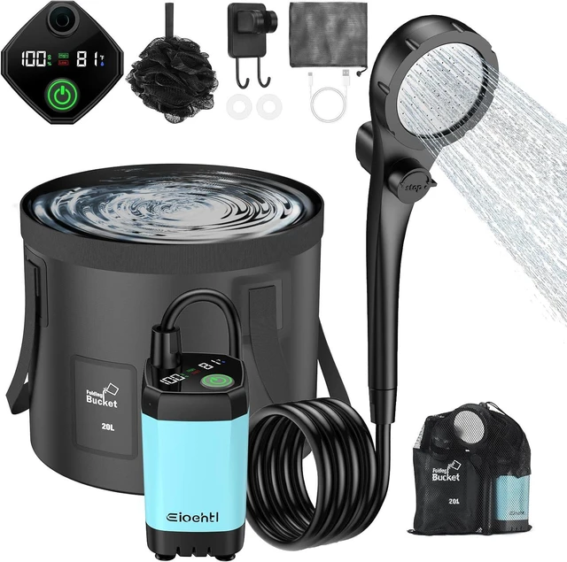 Main image of Portable Camping Shower, 6000mAh with LED Display, Camp Shower with 5 Gallons Collapsible Bucket, 3 Spray Modes for Hiking, Travel, Car, Pet
