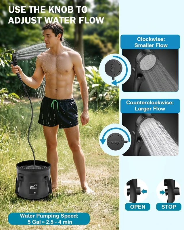 Alt view image 4 of 6 - Portable Camping Shower, 6000mAh with LED Display, Camp Shower with 5 Gallons Collapsible Bucket, 3 Spray Modes for Hiking, Travel, Car, Pet