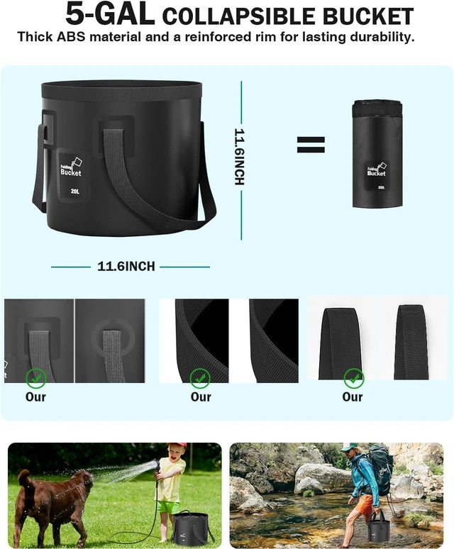 Alt view image 5 of 6 - Portable Camping Shower, 6000mAh with LED Display, Camp Shower with 5 Gallons Collapsible Bucket, 3 Spray Modes for Hiking, Travel, Car, Pet