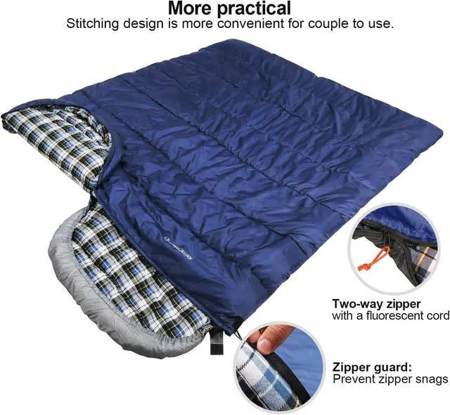 Alt view image 5 of 7 - REDCAMP Flannel Sleeping Bag for Adults, Comfortable Cotton Envelope Sleeping Bags for Camping, Backpacking, Hiking, with Detachable Hood&Compression Sack, Blue/Red/Grey/Black