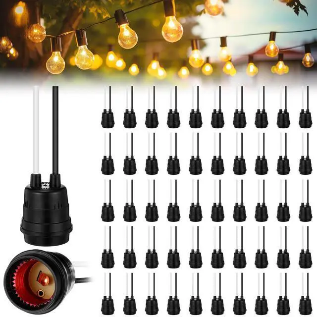 Main image of 50 Pcs Black Pigtail Lamp Holder Light Sockets E26/ E27 Fully Sealed Waterproof Lamp Sockets 250v Temporary Light Bulbs Holder with Wire Cord for Outdoor Garden Patio DIY Illumination