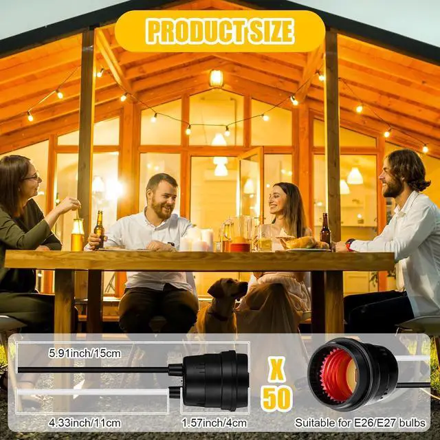 Alt view image 2 of 6 - 50 Pcs Black Pigtail Lamp Holder Light Sockets E26/ E27 Fully Sealed Waterproof Lamp Sockets 250v Temporary Light Bulbs Holder with Wire Cord for Outdoor Garden Patio DIY Illumination
