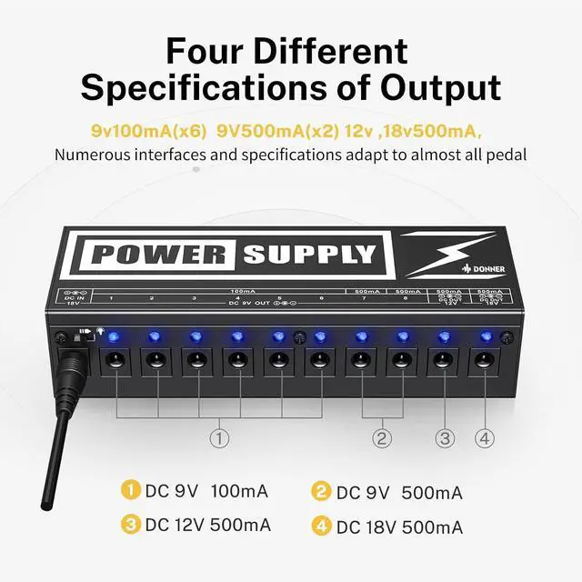 Alt view image 4 of 7 - DP-2 Guitar Pedal Power Supply High Current 10 Isolated DC Output for 9V/12V/18V Effect Pedals