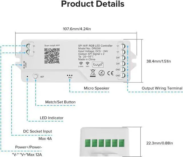 Alt view image 2 of 7 - 2.4G WiFi SPI RGB LED Controller DR03W & RC03RF RF Remote Set | Control by Smart Life/Tuya APP/Alexa/Google Home, Support WS2812B WS2811 WS2813 WS2815 etc LED Strip STA Mode