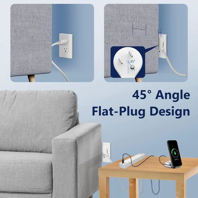 Alt view image 6 of 7 - Outlet Extender with 4 Receptacles, USB-A & 2 USB-C, Ultra-Thin Flat-Plug, 4-Outlet Power Strip, Surge Protector 1500 Joules, 5ft Cord, 1250W, ETL Listed, Matte White, 2-Pack