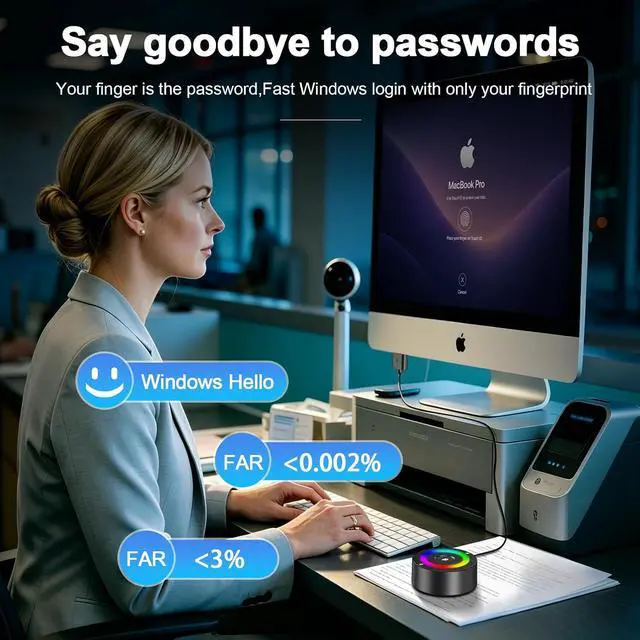 Alt view image 4 of 7 - USB Fingerprint Reader for Windows 10/11/12 ONLY, RGB Light Up Windows Hello Fingerprint Scanner with 5FT Extension Cable,Match-in-Sensor Security, Plug and Play for Laptop/PC(Not for Mac/Linux)