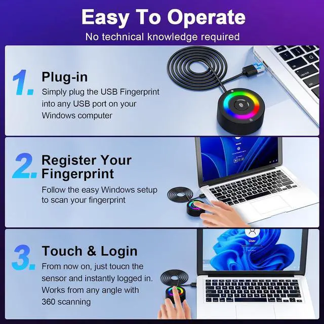 Alt view image 7 of 7 - USB Fingerprint Reader for Windows 10/11/12 ONLY, RGB Light Up Windows Hello Fingerprint Scanner with 5FT Extension Cable,Match-in-Sensor Security, Plug and Play for Laptop/PC(Not for Mac/Linux)