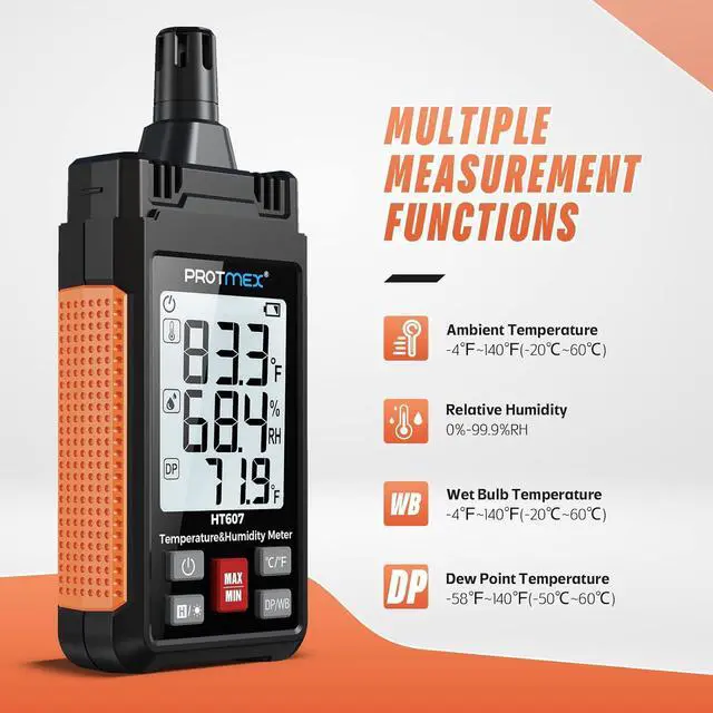 Alt view image 2 of 7 - HT607 Temperature Humidity Meter - Large LCD Backlight with Cover Protector