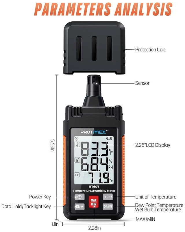 Alt view image 3 of 7 - HT607 Temperature Humidity Meter - Large LCD Backlight with Cover Protector