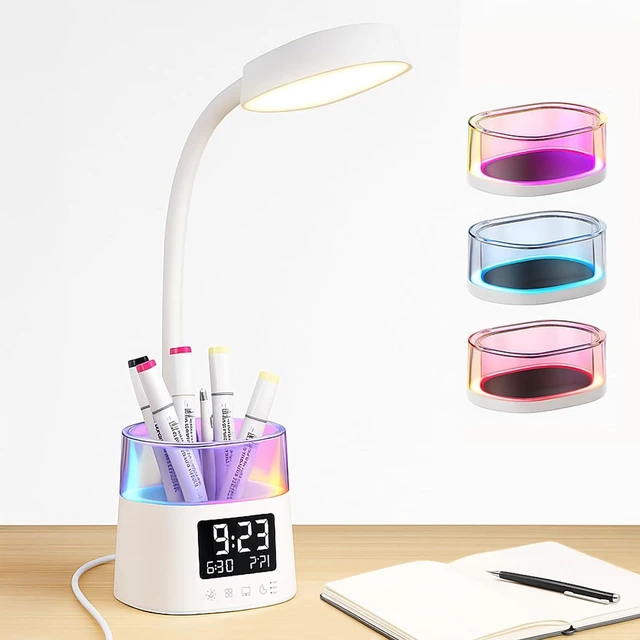 Main image of LED Desk Lamp with Pen Holder Touch Nightstand Lamp with 3 Color Modes, Eye-Caring Bedside Reading Light, Clock & Stepless Dimming for Dorm Room, Kids