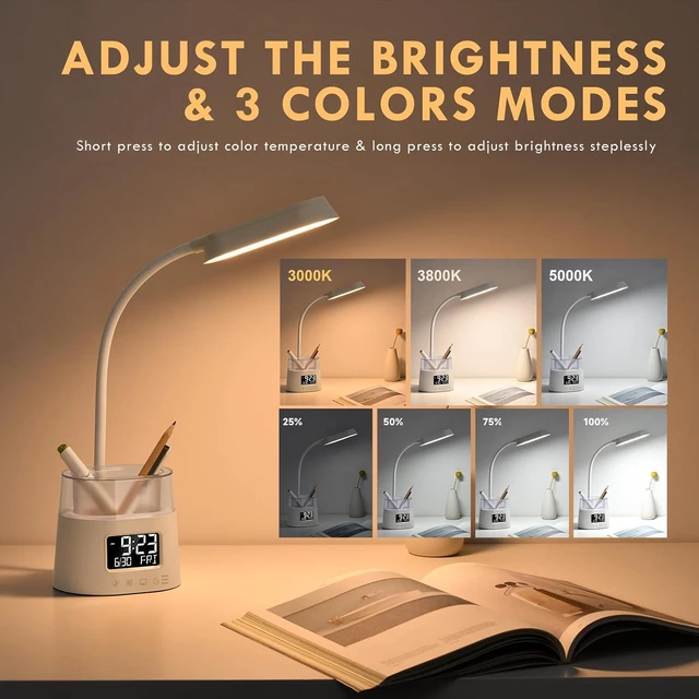Alt view image 3 of 7 - LED Desk Lamp with Pen Holder Touch Nightstand Lamp with 3 Color Modes, Eye-Caring Bedside Reading Light, Clock & Stepless Dimming for Dorm Room, Kids