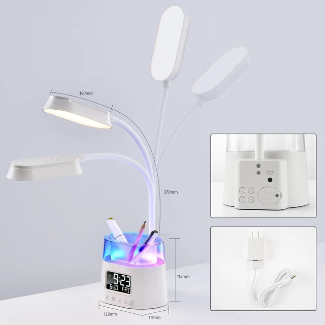Alt view image 5 of 7 - LED Desk Lamp with Pen Holder Touch Nightstand Lamp with 3 Color Modes, Eye-Caring Bedside Reading Light, Clock & Stepless Dimming for Dorm Room, Kids