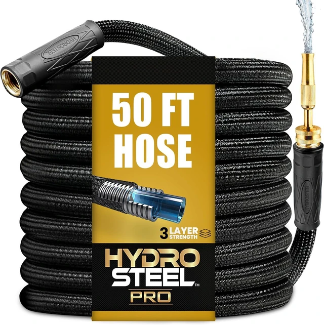Main image of Hydrosteel PRO Heavy-Duty Metal Garden Hose, 50 Ft, with Brass Nozzle