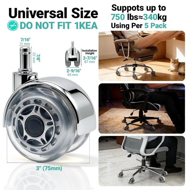 Alt view image 2 of 7 - 3 Inch Clear Gray Office Chair Wheels, Dual Roller Set of 5 Quiet & Smooth 11x22mm Universal Casters for Carpet & Hardwood Floors
