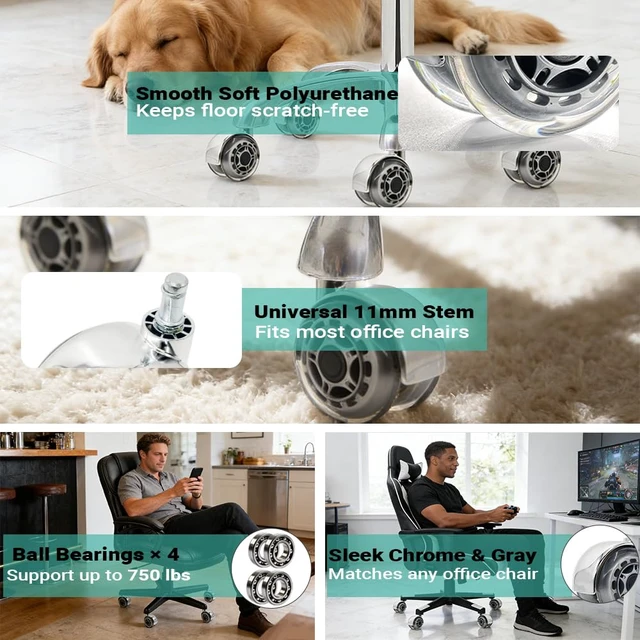 Alt view image 3 of 7 - 3 Inch Clear Gray Office Chair Wheels, Dual Roller Set of 5 Quiet & Smooth 11x22mm Universal Casters for Carpet & Hardwood Floors