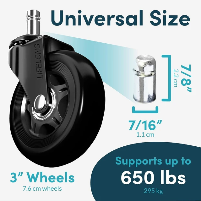 Alt view image 4 of 6 - Heavy Duty Office Chair Wheels Replacement, 5-Pack, Fits 98%