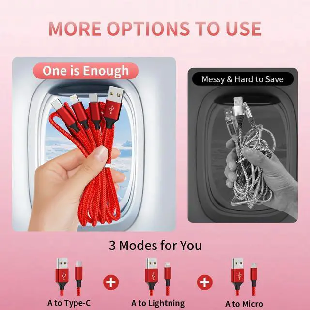 Alt view image 3 of 7 - SOEWIOU Multi Charging Cable, (2 Pack 4FT) Multi USB Charger Cable 3 in 1 Charging Nylon Braided Charging Cord with Type-C, Micro USB, IP Port for Most Phones/iPhones/Tablets, Red