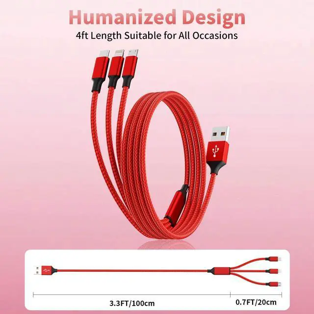 Alt view image 5 of 7 - SOEWIOU Multi Charging Cable, (2 Pack 4FT) Multi USB Charger Cable 3 in 1 Charging Nylon Braided Charging Cord with Type-C, Micro USB, IP Port for Most Phones/iPhones/Tablets, Red