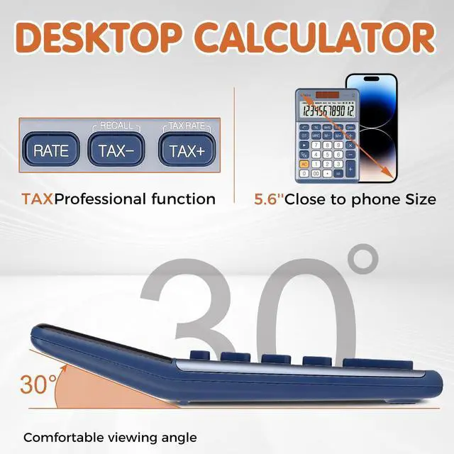 Alt view image 2 of 7 - SOEWIOU Office Small Calculator Desktop with Tax+/- for Tax Calculation, 12 Digit Large LCD Display, Solar Battery Power, Durable Portable Design, Financial Accounting Business Home Use(OS-200T-Blue)