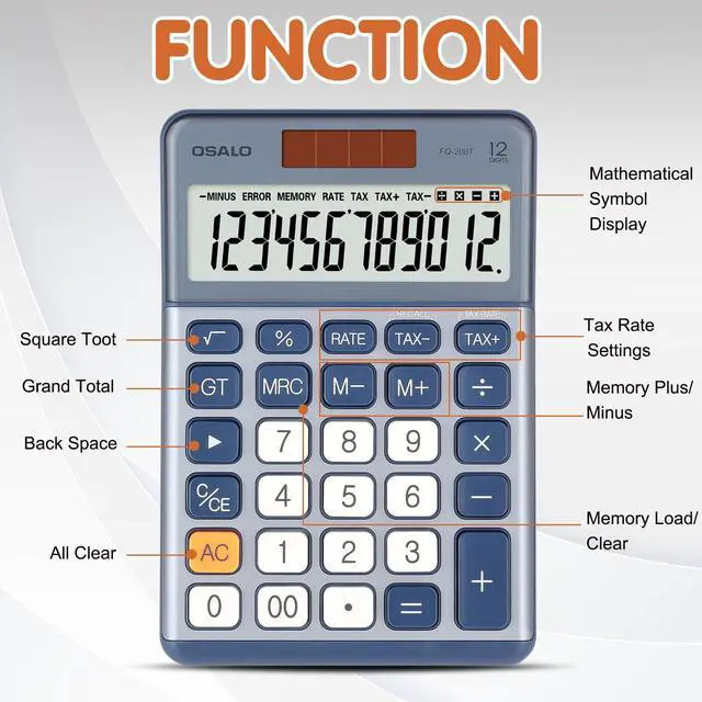 Alt view image 7 of 7 - SOEWIOU Office Small Calculator Desktop with Tax+/- for Tax Calculation, 12 Digit Large LCD Display, Solar Battery Power, Durable Portable Design, Financial Accounting Business Home Use(OS-200T-Blue)