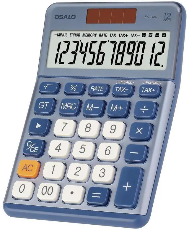 Main image of SOEWIOU Office Small Calculator Desktop with Tax+/- for Tax Calculation, 12 Digit Large LCD Display, Solar Battery Power, Durable Portable Design, Financial Accounting Business Home Use(OS-200T-Blue)