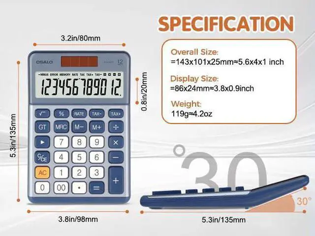 Alt view image 6 of 7 - SOEWIOU Office Small Calculator Desktop with Tax+/- for Tax Calculation, 12 Digit Large LCD Display, Solar Battery Power, Durable Portable Design, Financial Accounting Business Home Use(OS-200T-Blue)