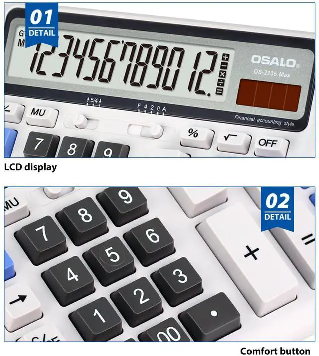 Alt view image 3 of 7 - SOEWIOU Desktop Calculator Extra Large LCD Display 12-Digit Big Number Accounting Calculator with Giant Response Button, Battery & Solar Powered, Perfect for Office Business Home Daily Use(OS-2135)