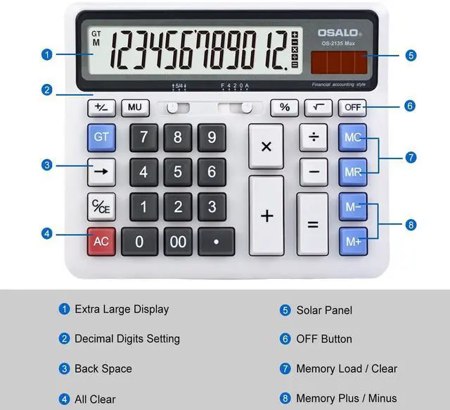 Alt view image 4 of 7 - SOEWIOU Desktop Calculator Extra Large LCD Display 12-Digit Big Number Accounting Calculator with Giant Response Button, Battery & Solar Powered, Perfect for Office Business Home Daily Use(OS-2135)