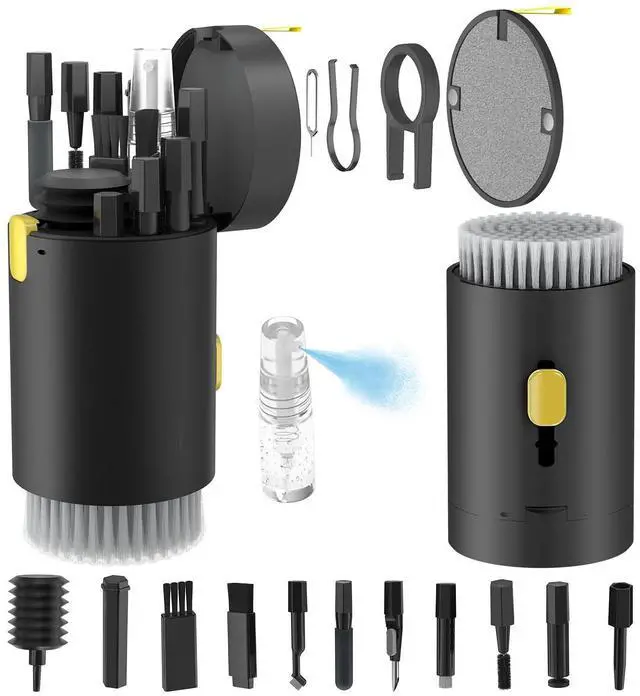 Main image of SOEWIO Keyboard Cleaner Kit, Electronics Cleaning Kit with Retractable Big Brush, Portable, 20 in 1 Multi-Tool Kit for Phones, Tablet, Computer, PC Monitor,TV Camera Lens with 2.5ml Mist Spray (Black)