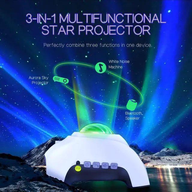 Alt view image 2 of 14 - Northern Galaxy Light Aurora Projector with 33 Light Effects, Night Lights LED Star Projector for Bedroom Nebula Lamp, Remote Control, White Noises, Bluetooth Speaker for Parties(White)