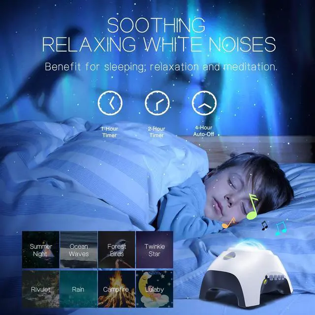 Alt view image 5 of 14 - Northern Galaxy Light Aurora Projector with 33 Light Effects, Night Lights LED Star Projector for Bedroom Nebula Lamp, Remote Control, White Noises, Bluetooth Speaker for Parties(White)