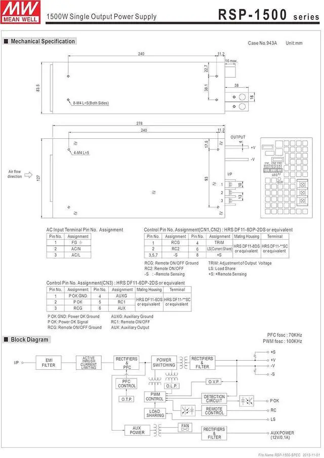 Alt view image 3 of 5 - Mean Well RSP-1500-27 Enclosed Switching AC-to-DC Power Supply, Single Output, 27V, 0-56A, 1512W, 3.3" H x 5.0" W x 10.9" L