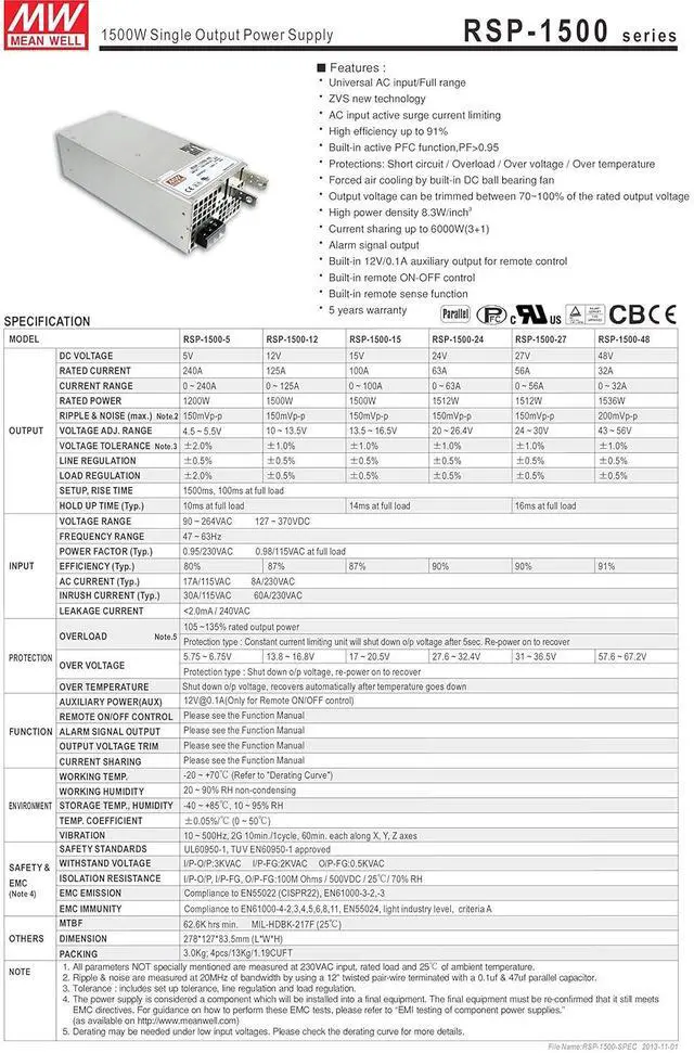 Alt view image 2 of 5 - Mean Well RSP-1500-27 Enclosed Switching AC-to-DC Power Supply, Single Output, 27V, 0-56A, 1512W, 3.3" H x 5.0" W x 10.9" L