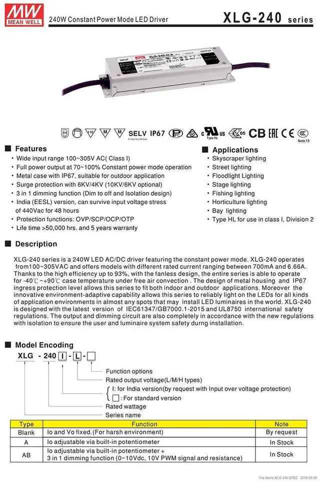 Alt view image 4 of 7 - Original MEAN WELL XLG-240 240W Constant Power Mode Dimmable LED Driver 4900mA Current Adjustable 3 in 1 Dimming LED Power Supply AB type
