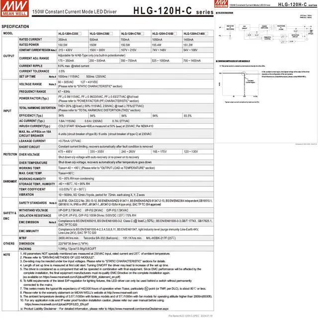 Alt view image 7 of 7 - HLG-120H-C350A 150W Constant Current LED Driver - 90-305VAC Input, 350mA, IP67 Rated - Reliable Industrial Lighting Solution for Warehouses, Factories, and High Bay Applications