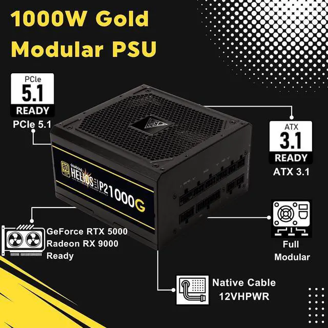 Alt view image 2 of 7 - GAMDIAS PCIe 5.1 & ATX3.1 Gold 1000W Power Supply for GeForce RTX 5000 Series, 1000W Fully Modular ATX 80 Plus Gold Computer PSU for Gaming PC Desktops, Low-Noise Fan, Helios P2-1000G