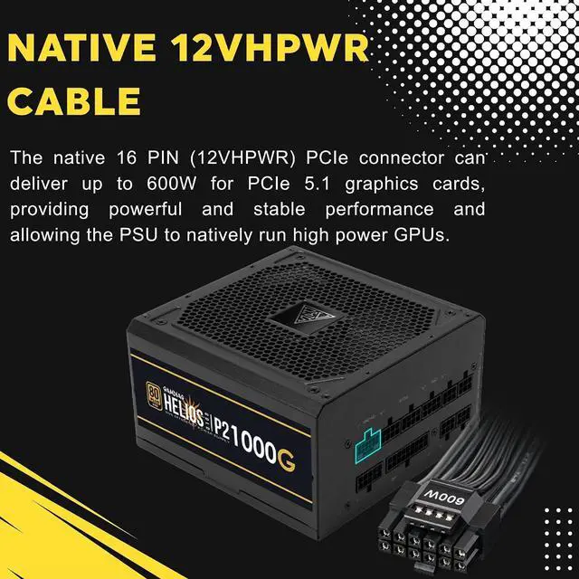 Alt view image 5 of 7 - GAMDIAS PCIe 5.1 & ATX3.1 Gold 1000W Power Supply for GeForce RTX 5000 Series, 1000W Fully Modular ATX 80 Plus Gold Computer PSU for Gaming PC Desktops, Low-Noise Fan, Helios P2-1000G
