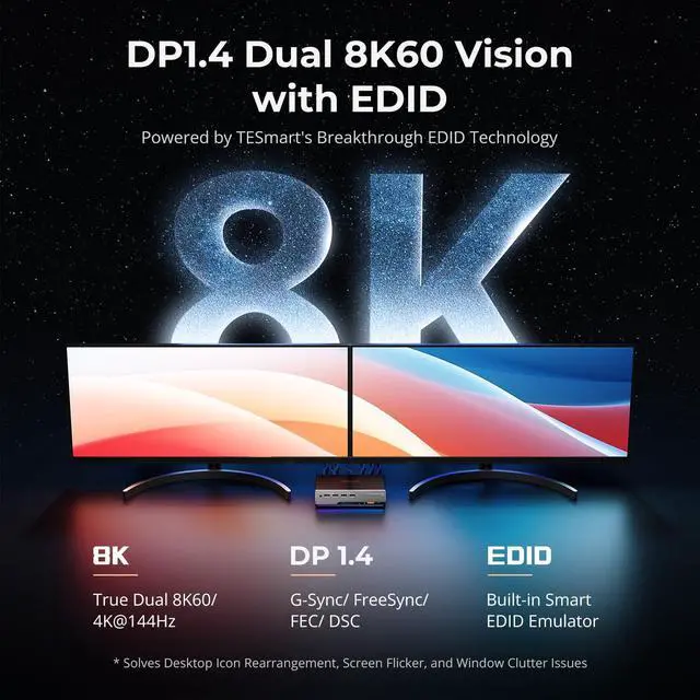 Alt view image 3 of 7 - 8K@60Hz DP KVM Switch 2 Monitors 2 Computers EDID, DP 1.4 KVM Switch Dual Monitor 4K@144Hz for Gaming Dock, Support USB3.0, Gigabit Network, Hotkey Switch, Audio & Mic with All Input Cables