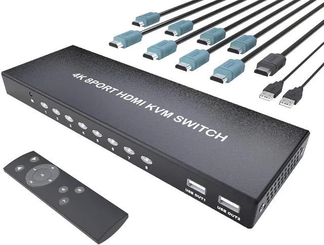 Main image of 8 Port HDMI KVM Switch 4K@60Hz, 8 Computers 1 Monitor HDMI Switcher with 3 USB 2.0 Ports, Supports Keyboard Mouse Printer Sharing, Remote Control and 8 Dedicated KVM Cables Included