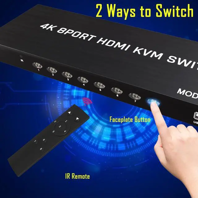 Alt view image 4 of 7 - 8 Port HDMI KVM Switch 4K@60Hz, 8 Computers 1 Monitor HDMI Switcher with 3 USB 2.0 Ports, Supports Keyboard Mouse Printer Sharing, Remote Control and 8 Dedicated KVM Cables Included