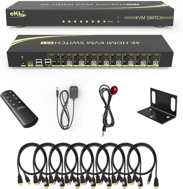Main image of eKL KVM Switch, 8 Port v2.0 HDMI KVM Switch Supports Hotkeys Swapping 4K@60Hz 4:4:4 1080p 3D, 8 in 1 Out 8 PCs Sharing with One Set of Keyboard and Mouse
