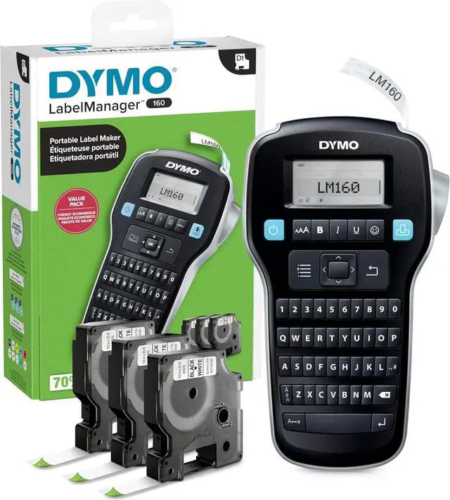 Main image of DYMO LabelManager 160 Label Maker Bundle with 3 D1 Label Cassettes, Portable Handheld, QWERTY Keyboard, One-Touch Smart Keys, Large Display, Home & Office Organization