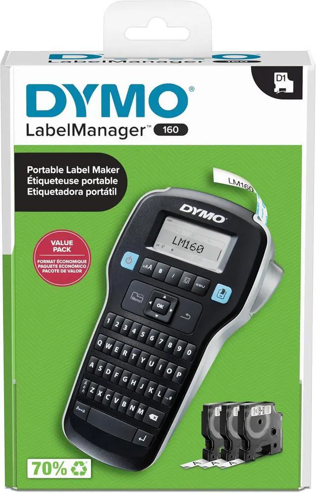 Alt view image 4 of 4 - DYMO LabelManager 160 Label Maker Bundle with 3 D1 Label Cassettes, Portable Handheld, QWERTY Keyboard, One-Touch Smart Keys, Large Display, Home & Office Organization